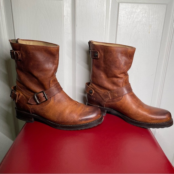 { Frye Moto Boot} Veronica Brown Leather Boots 10 - Picture 3 of 16